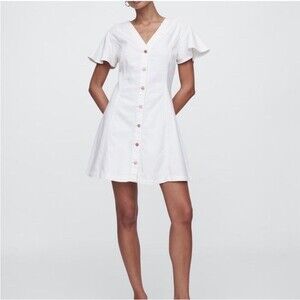 Gap White Denim Flutter Sleeve Button Front Mini Dress NWT Size M